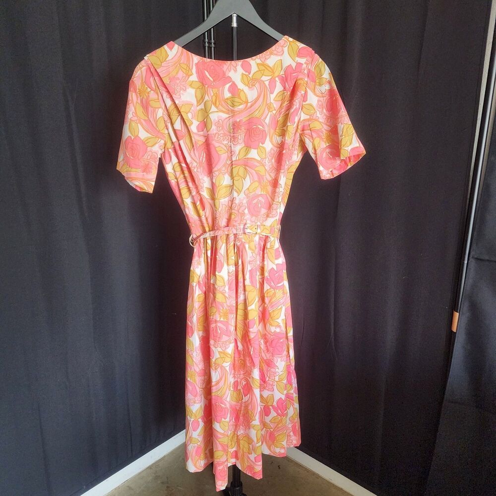Vintage 1960s Floral A-Line Day Dress Pink Yellow Orange Mod Belted Midi